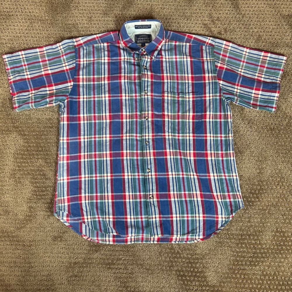 Bogari Studio Plaid Button Down Shirt Mens Large Blue Red Good Short Sleeve
